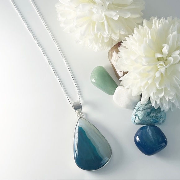 Teal Lace Onyx Gemstone Pendant Necklace Sterling Silver 925 Pear Cut New - Picture 10 of 10